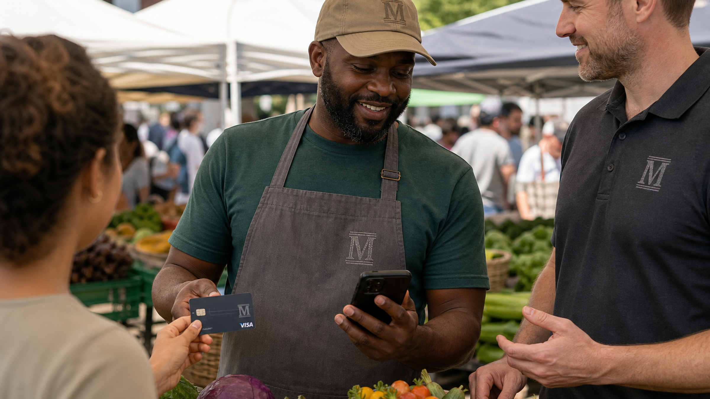 Merchant building customer relationships at a market stall